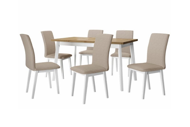 Patrickswell Rektangulär Utdragbar Matgrupp 140–180 cm – Matbord med Ekutseende och 6 Klädda Matstolar med Raka Ben - Vit|Beige|Natur - Möbler - Matplats - Matgrupp & matbord med stolar