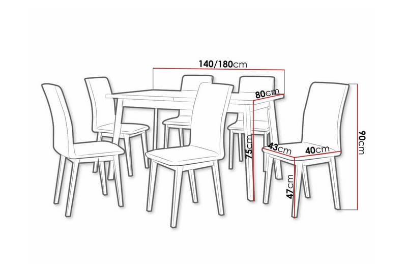 Patrickswell Rektangulär Utdragbar Matgrupp 140–180 cm – Matbord med Ekutseende och 6 Klädda Matstolar med Raka Ben - Vit|Svart|Brun - Möbler - Matplats - Matgrupp & matbord med stolar