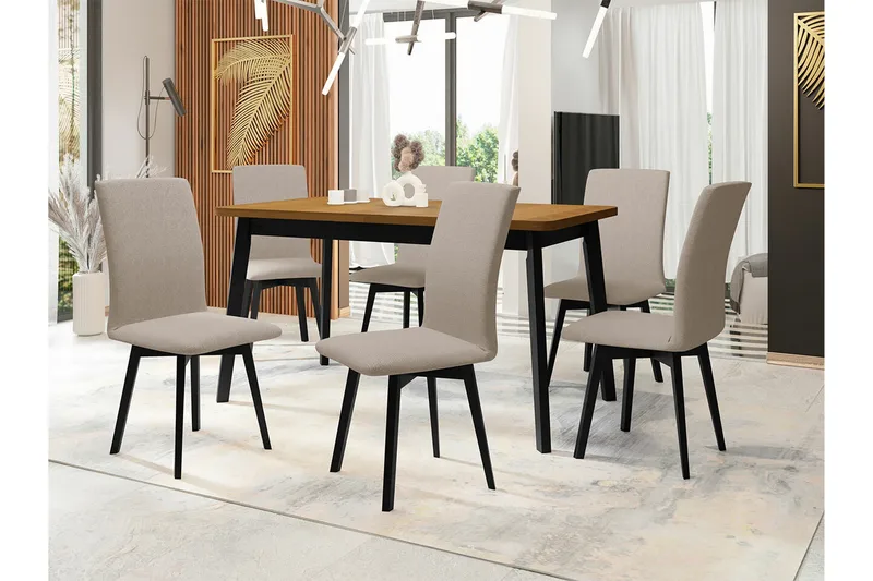 Patrickswell Rektangulär Utdragbar Matgrupp 140–180 cm – Matbord med Ekutseende och 6 Klädda Matstolar med Vinklade Ben - Svart|Beige|Brun - Möbler - Matplats - Matgrupp & matbord med stolar
