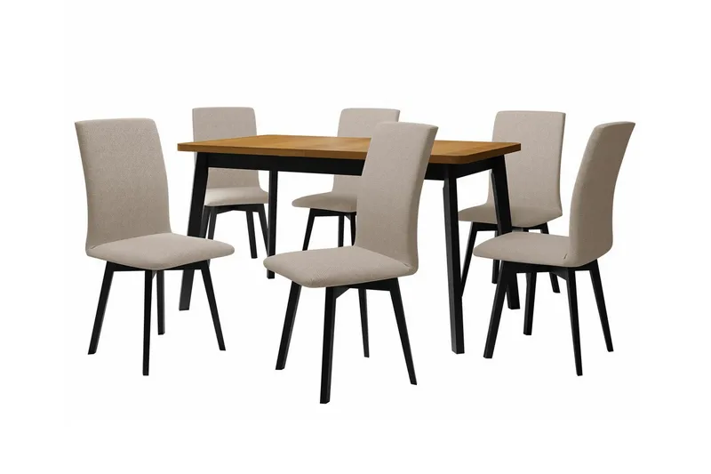 Patrickswell Rektangulär Utdragbar Matgrupp 140–180 cm – Matbord med Ekutseende och 6 Klädda Matstolar med Vinklade Ben, Svart|Beige|Brun
