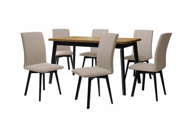 Patrickswell Rektangulär Utdragbar Matgrupp 140–180 cm – Matbord med Ekutseende och 6 Klädda Matstolar med Vinklade Ben, Svart|Beige|Ljusbrun