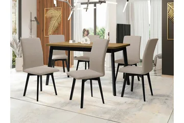 Patrickswell Rektangulär Utdragbar Matgrupp 140–180 cm – Matbord med Ekutseende och 6 Klädda Matstolar med Vinklade Ben - Svart|Beige|Ljusbrun - Möbler - Matplats - Matgrupp & matbord med stolar