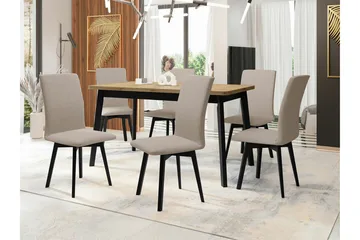 Patrickswell Rektangulär Utdragbar Matgrupp 140–180 cm – Matbord med Ekutseende och 6 Klädda Matstolar med Vinklade Ben - Svart|Beige|Natur - Möbler - Matplats - Matgrupp & matbord med stolar