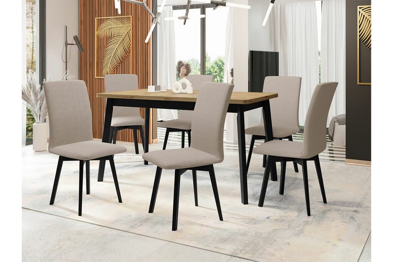 Patrickswell Rektangulär Utdragbar Matgrupp 140–180 cm – Matbord med Ekutseende och 6 Klädda Matstolar med Vinklade Ben - Svart|Beige|Natur - Möbler - Matplats - Matgrupp & matbord med stolar