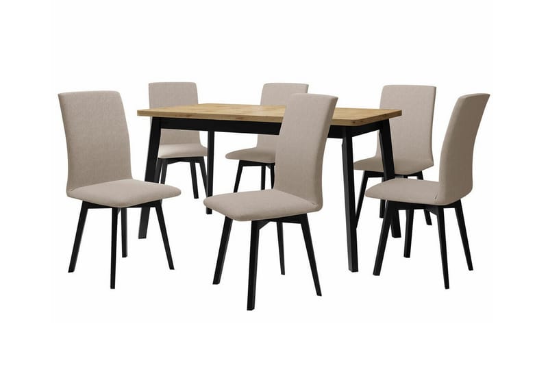 Patrickswell Rektangulär Utdragbar Matgrupp 140–180 cm – Matbord med Ekutseende och 6 Klädda Matstolar med Vinklade Ben, Svart|Beige|Natur