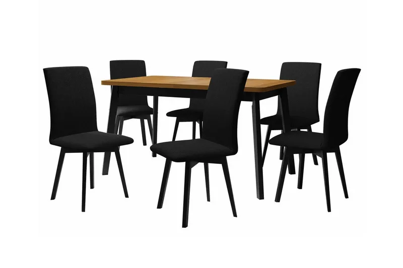 Patrickswell Rektangulär Utdragbar Matgrupp 140–180 cm – Matbord med Ekutseende och 6 Klädda Matstolar med Vinklade Ben, Svart|Brun