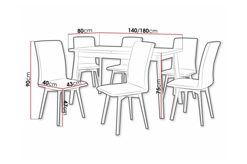 Patrickswell Rektangulär Utdragbar Matgrupp 140–180 cm – Matbord med Ekutseende och 6 Klädda Matstolar med Vinklade Ben - Svart|Grå|Ljusbrun - Möbler - Matplats - Matgrupp & matbord med stolar