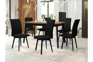 Patrickswell Rektangulär Utdragbar Matgrupp 140–180 cm – Matbord med Ekutseende och 6 Klädda Matstolar med Vinklade Ben - Svart|Ljusbrun - Möbler - Matplats - Matgrupp & matbord med stolar