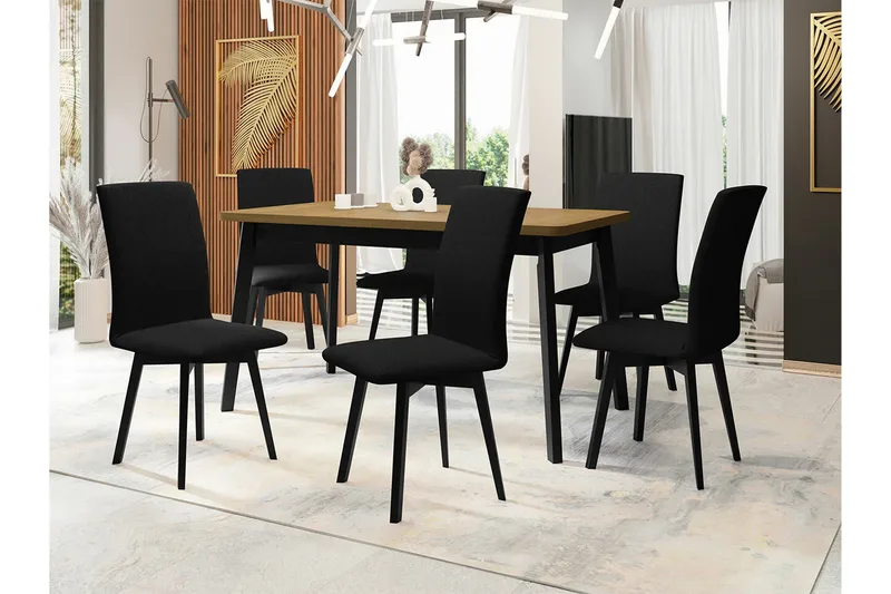 Patrickswell Rektangulär Utdragbar Matgrupp 140–180 cm – Matbord med Ekutseende och 6 Klädda Matstolar med Vinklade Ben - Svart|Ljusbrun - Möbler - Matplats - Matgrupp & matbord med stolar