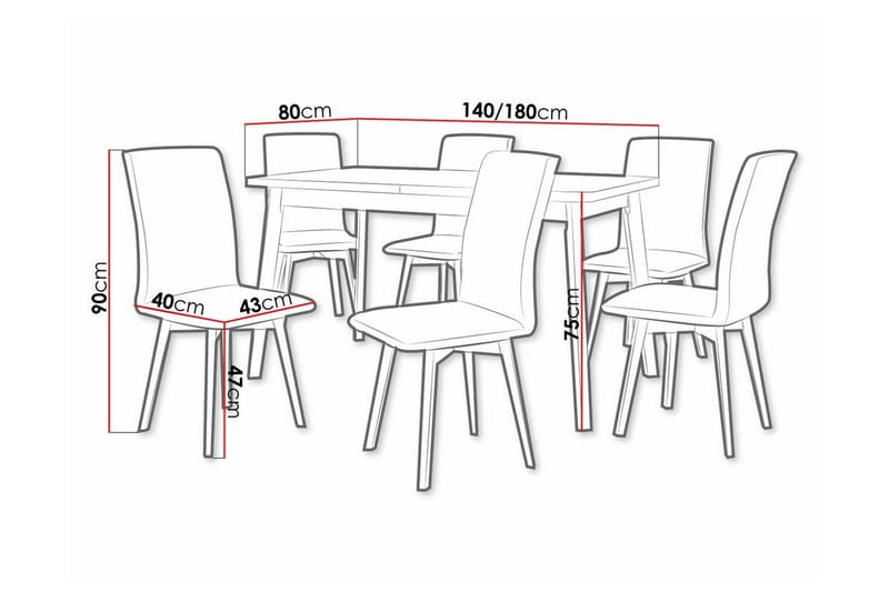 Patrickswell Rektangulär Utdragbar Matgrupp 140–180 cm – Matbord med Ekutseende och 6 Klädda Matstolar med Vinklade Ben - Svart|Natur - Möbler - Matplats - Matgrupp & matbord med stolar