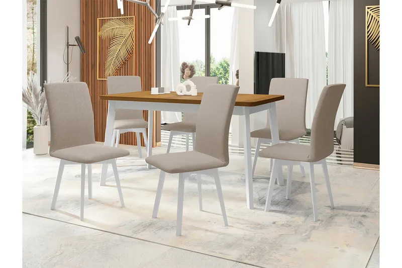 Patrickswell Rektangulär Utdragbar Matgrupp 140–180 cm – Matbord med Ekutseende och 6 Klädda Matstolar med Vinklade Ben - Vit|Beige|Brun - Möbler - Matplats - Matgrupp & matbord med stolar