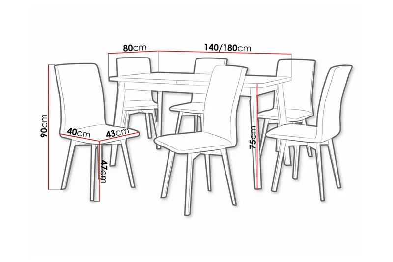 Patrickswell Rektangulär Utdragbar Matgrupp 140–180 cm – Matbord med Ekutseende och 6 Klädda Matstolar med Vinklade Ben - Vit|Beige|Brun - Möbler - Matplats - Matgrupp & matbord med stolar