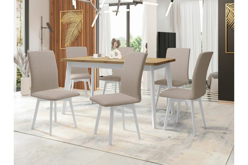 Patrickswell Rektangulär Utdragbar Matgrupp 140–180 cm – Matbord med Ekutseende och 6 Klädda Matstolar med Vinklade Ben - Vit|Beige|Natur - Möbler - Matplats - Matgrupp & matbord med stolar