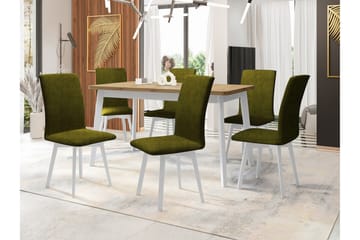 Patrickswell Rektangulär Utdragbar Matgrupp 140–180 cm – Matbord med Ekutseende och 6 Klädda Matstolar med Vinklade Ben - Vit|Olivgrön|Natur - Möbler - Matplats - Matgrupp & matbord med stolar