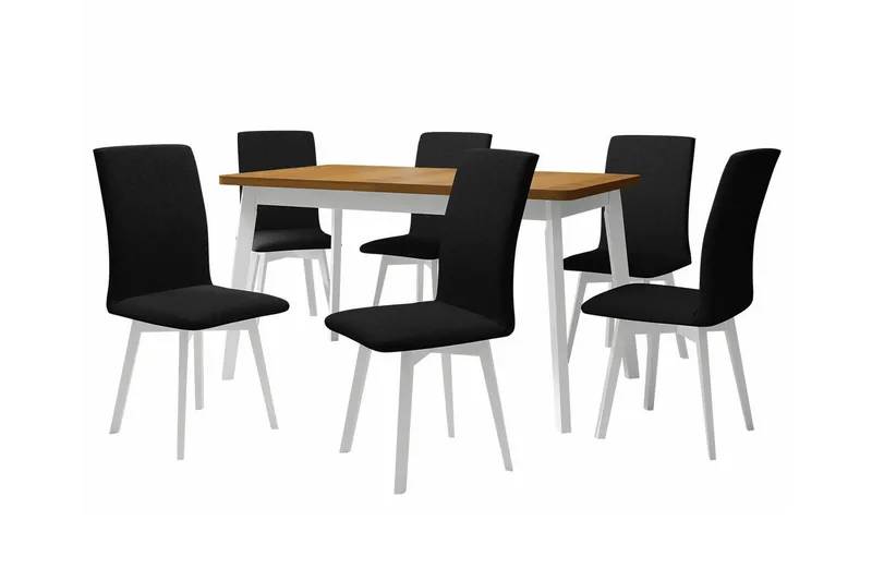 Patrickswell Rektangulär Utdragbar Matgrupp 140–180 cm – Matbord med Ekutseende och 6 Klädda Matstolar med Vinklade Ben, Vit|Svart|Brun