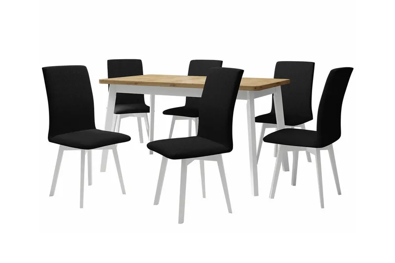 Patrickswell Rektangulär Utdragbar Matgrupp 140–180 cm – Matbord med Ekutseende och 6 Klädda Matstolar med Vinklade Ben, Vit|Svart|Natur