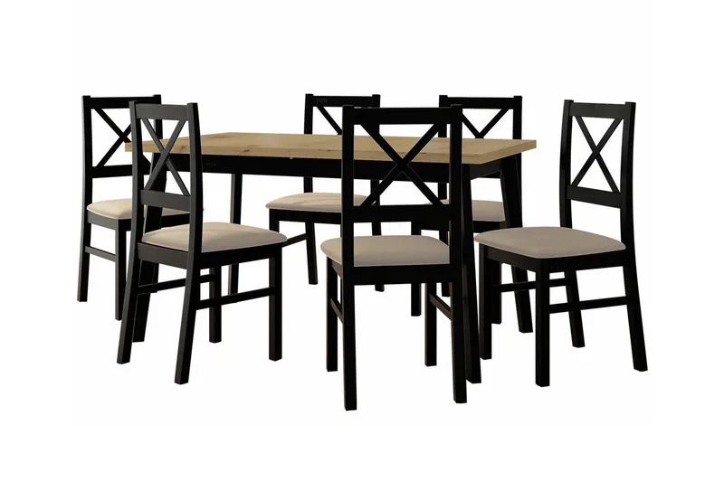 Patrickswell Rektangulär Utdragbar Matgrupp 140–180 cm – Matbord med Ekutseende och 6 Matstolar med Kryssrygg i Trä, Svart|Beige|Natur
