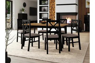 Patrickswell Rektangulär Utdragbar Matgrupp 140–180 cm – Matbord med Ekutseende och 6 Matstolar med Kryssrygg i Trä - Svart|Gråbrun|Brun - Möbler - Matplats - Matgrupp & matbord med stolar