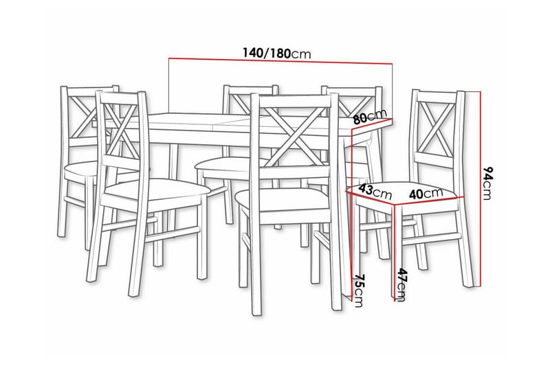 Patrickswell Rektangulär Utdragbar Matgrupp 140–180 cm – Matbord med Ekutseende och 6 Matstolar med Kryssrygg i Trä - Svart|Gråbrun|Natur - Möbler - Matplats - Matgrupp & matbord med stolar