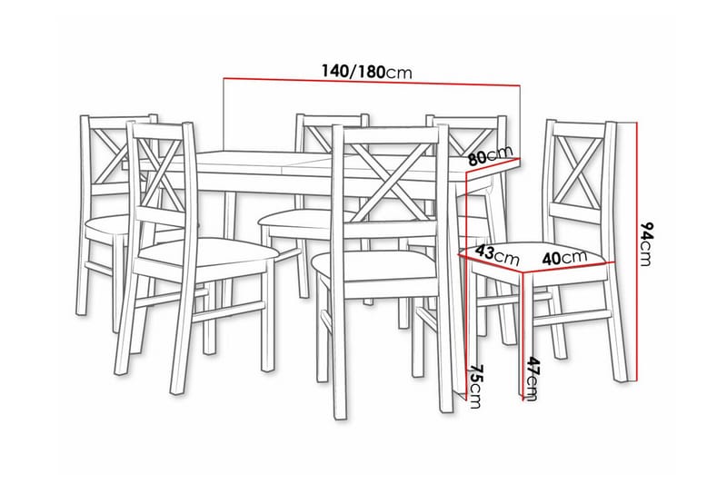 Patrickswell Rektangulär Utdragbar Matgrupp 140–180 cm – Matbord med Ekutseende och 6 Matstolar med Kryssrygg i Trä - Svart|Olivgrön|Brun - Möbler - Matplats - Matgrupp & matbord med stolar