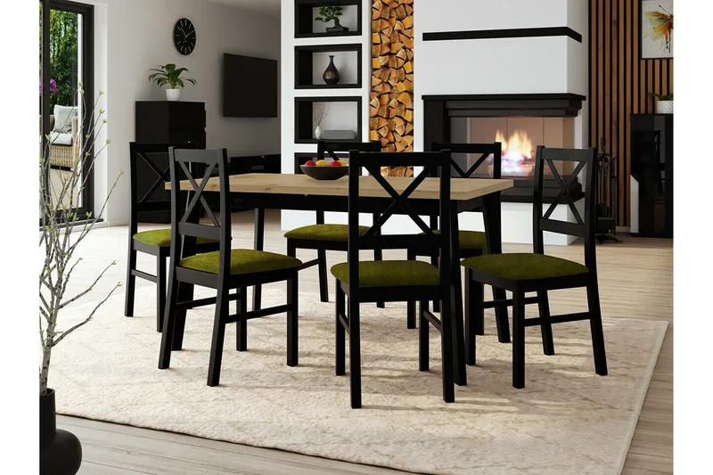 Patrickswell Rektangulär Utdragbar Matgrupp 140–180 cm – Matbord med Ekutseende och 6 Matstolar med Kryssrygg i Trä - Svart|Olivgrön|Natur - Möbler - Matplats - Matgrupp & matbord med stolar
