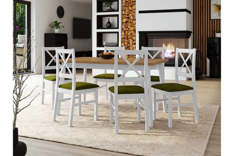 Patrickswell Rektangulär Utdragbar Matgrupp 140–180 cm – Matbord med Ekutseende och 6 Matstolar med Kryssrygg i Trä - Vit|Olivgrön|Brun - Möbler - Matplats - Matgrupp & matbord med stolar