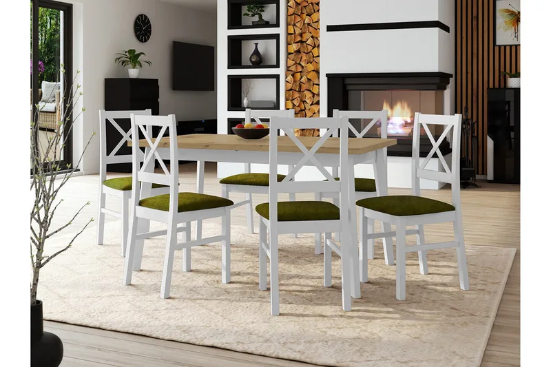 Patrickswell Rektangulär Utdragbar Matgrupp 140–180 cm – Matbord med Ekutseende och 6 Matstolar med Kryssrygg i Trä - Vit|Olivgrön|Natur - Möbler - Matplats - Matgrupp & matbord med stolar