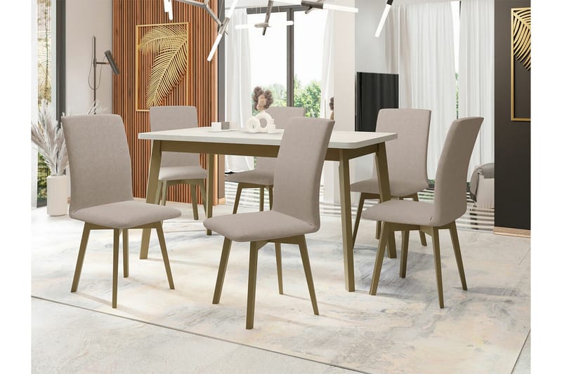 Patrickswell Rektangulär Utdragbar Matgrupp 140–180 cm – Matbord med Vit Skiva och 6 Klädda Matstolar med Vinklade Ben - Natur|Beige - Möbler - Matplats - Matgrupp & matbord med stolar