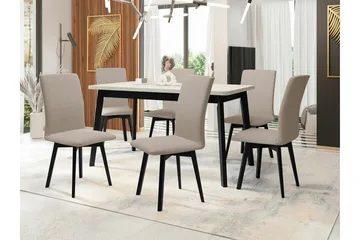 Patrickswell Rektangulär Utdragbar Matgrupp 140–180 cm – Matbord med Vit Skiva och 6 Klädda Matstolar med Vinklade Ben - Svart|Beige - Möbler - Matplats - Matgrupp & matbord med stolar