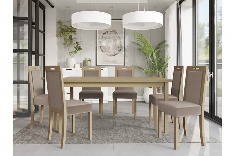 Patrickswell Rektangulär Utdragbar Matgrupp 160–200 cm – Matbord med 6 Matstolar med Klädd Rygg i Trä - Natur|Beige - Möbler - Matplats - Matgrupp & matbord med stolar
