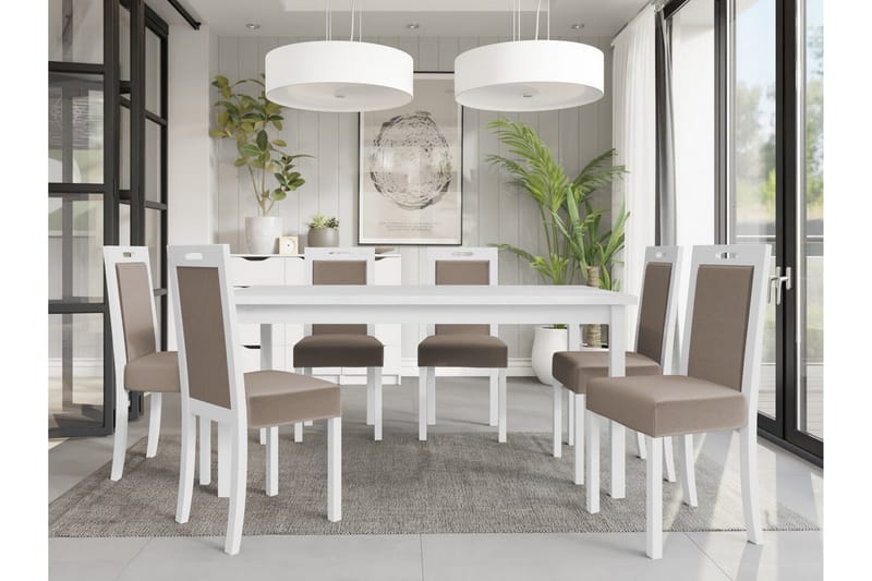 Patrickswell Rektangulär Utdragbar Matgrupp 160–200 cm – Matbord med 6 Matstolar med Klädd Rygg i Trä - Vit|Beige - Möbler - Matplats - Matgrupp & matbord med stolar