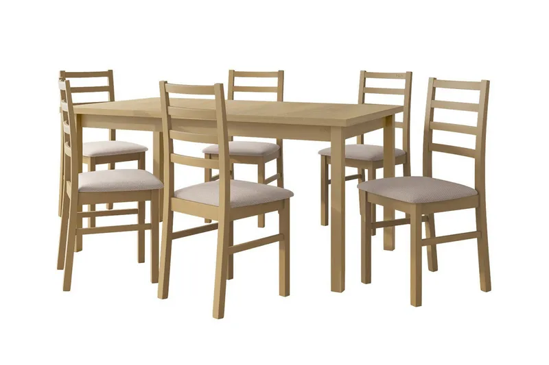 Patrickswell Rektangulär Utdragbar Matgrupp 160–200 cm – Matbord med 6 Matstolar med Stegrygg i Trä, Natur|Beige