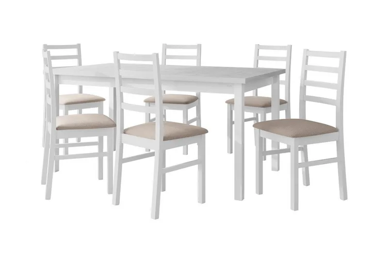 Patrickswell Rektangulär Utdragbar Matgrupp 160–200 cm – Matbord med 6 Matstolar med Stegrygg i Trä, Vit|Beige