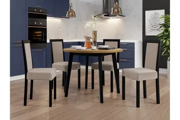 Patrickswell Rund Matgrupp 100 cm – Matbord med Ekutseende och 4 Matstolar med Klädd Rygg i Trä - Svart|Beige - Möbler - Matplats - Matgrupp & matbord med stolar