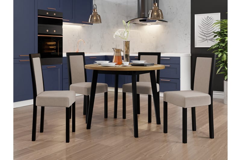 Patrickswell Rund Matgrupp 100 cm – Matbord med Ekutseende och 4 Matstolar med Klädd Rygg i Trä - Svart|Beige - Möbler - Matplats - Matgrupp & matbord med stolar