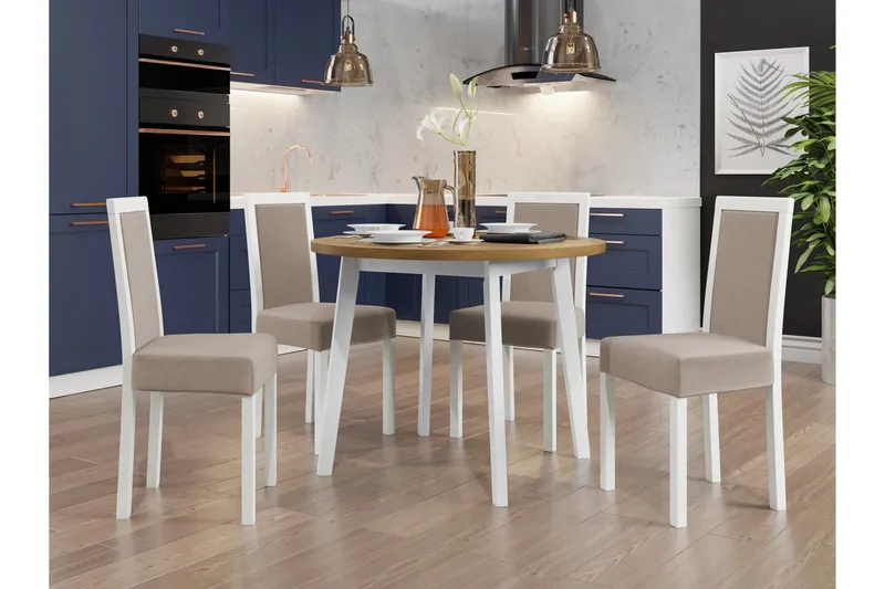 Patrickswell Rund Matgrupp 100 cm – Matbord med Ekutseende och 4 Matstolar med Klädd Rygg i Trä - Vit|Beige - Möbler - Matplats - Matgrupp & matbord med stolar
