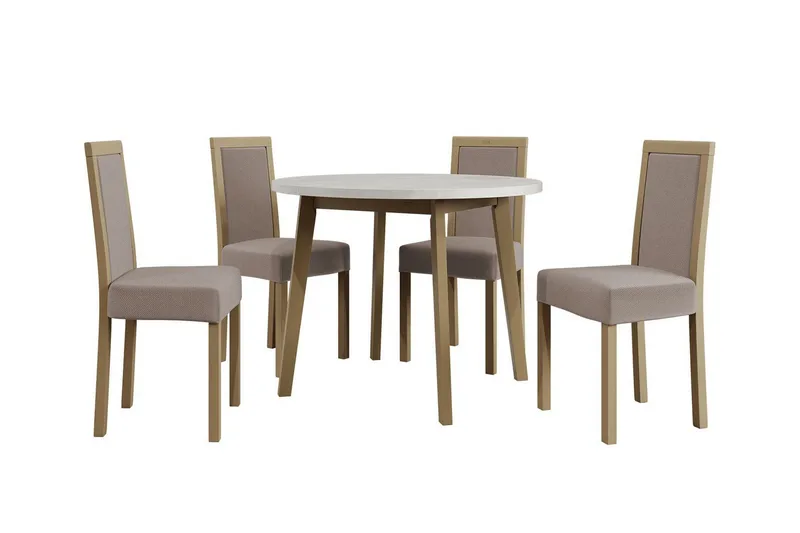 Patrickswell Rund Matgrupp 100 cm – Matbord med Vit Skiva och 4 Matstolar med Klädd Rygg i Trä, Natur|Beige