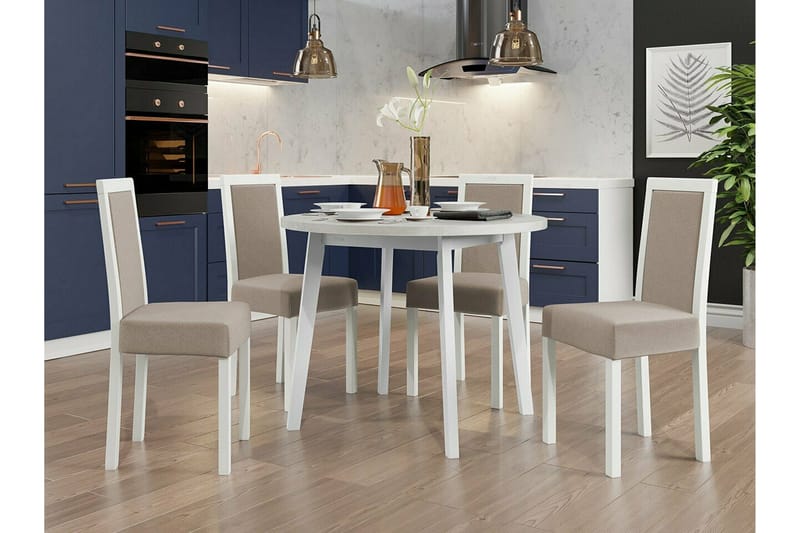 Patrickswell Rund Matgrupp 100 cm – Matbord med Vit Skiva och 4 Matstolar med Klädd Rygg i Trä - Vit|Beige - Möbler - Matplats - Matgrupp & matbord med stolar