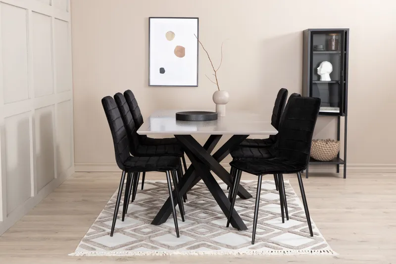 Penny Matgrupp 190 cm inkl 6 Robin Sammetsstolar - Grå/Svart - Möbler - Matplats - Matgrupp & matbord med stolar