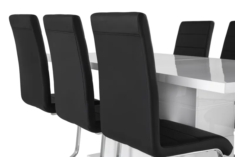 Ratliff Matgrupp 180 cm + 6 Stolar Förlängningsbart med illäggsskiva - Vit / Svart Pu / Krom - Möbler - Matplats - Matgrupp & matbord med stolar