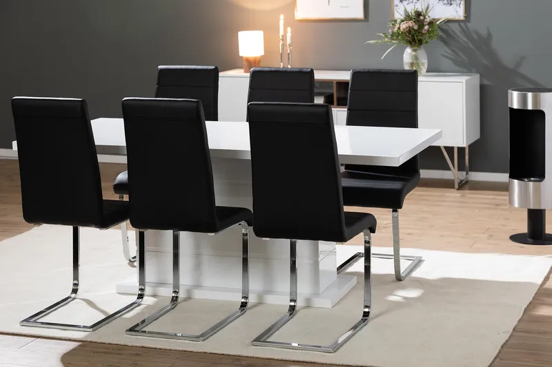 Ratliff Matgrupp 180 cm + 6 Stolar Förlängningsbart med illäggsskiva - Vit / Svart Pu / Krom - Möbler - Matplats - Matgrupp & matbord med stolar