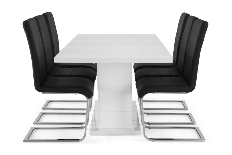 Ratliff Matgrupp 180 cm + 6 Stolar Förlängningsbart med illäggsskiva - Vit / Svart Pu / Krom - Möbler - Matplats - Matgrupp & matbord med stolar