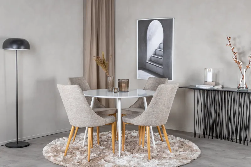 Ridones Matgrupp 100 cm Rund inkl 4 Ludvig Stolar - Vit/Ljusgrå/Ek - Möbler - Matplats - Matgrupp & matbord med stolar