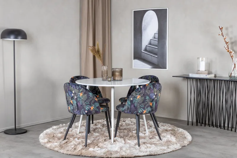 Ridones Matgrupp 100 cm Rund inkl 4 Sedavi Stolar - Vit/Blå/Svart - Möbler - Matplats - Matgrupp & matbord med stolar