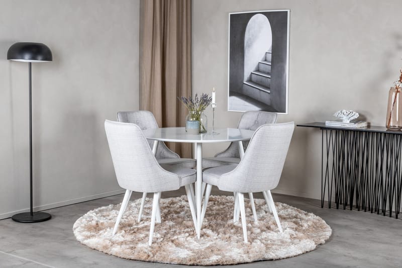 Ridones Matgrupp 100 cm Rund inkl 4 Valera Stolar - Vit/Grå - Möbler - Matplats - Matgrupp & matbord med stolar
