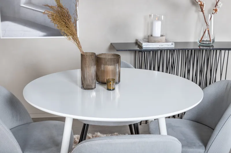 Ridones Matgrupp 100 cm Rund inkl 4 Valeri Manchesterstolar - Vit/Grå - Möbler - Matplats - Matgrupp & matbord med stolar