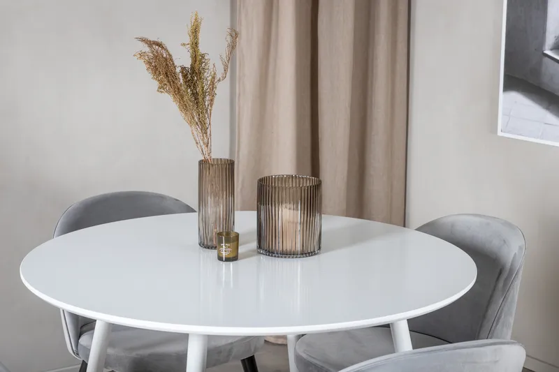 Ridones Matgrupp 100 cm Rund inkl 4 Valerie Sammetsstolar - Vit/Ljusgrå - Möbler - Matplats - Matgrupp & matbord med stolar