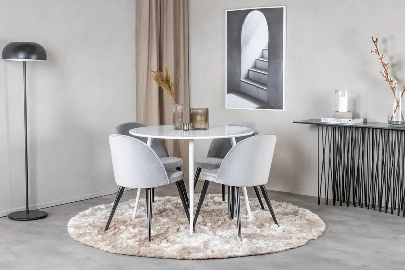 Ridones Matgrupp 100 cm Rund inkl 4 Valerie Sammetsstolar - Vit/Ljusgrå - Möbler - Matplats - Matgrupp & matbord med stolar