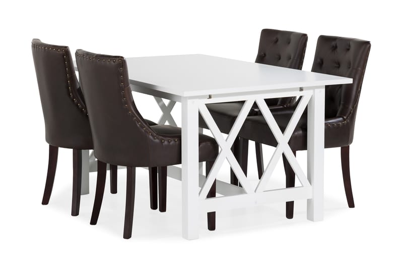 ROSWELL Matbord 150 Vit + 4 CARMINE Fåtölj Konstläder Brun - Matgrupp & matbord med stolar