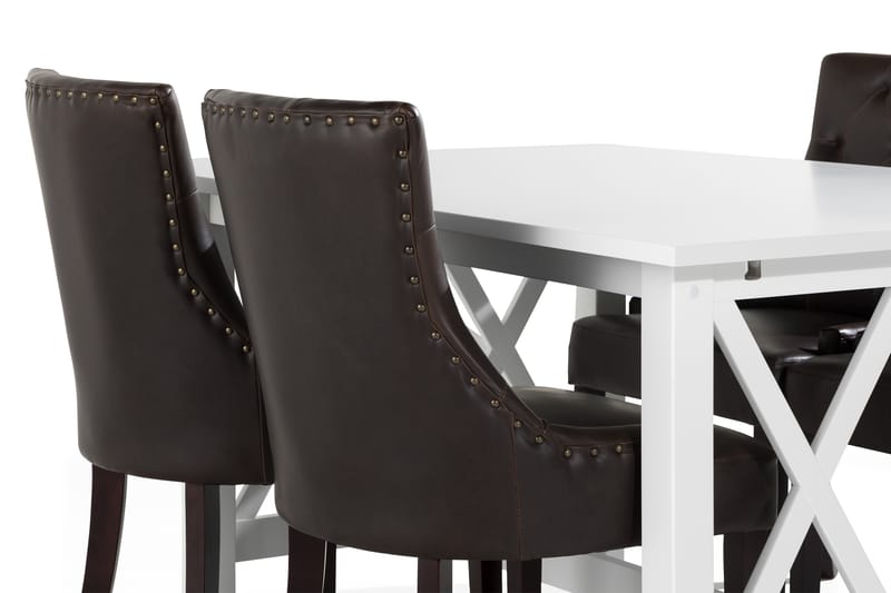 ROSWELL Matbord 150 Vit + 4 CARMINE Fåtölj Konstläder Brun - Matgrupp & matbord med stolar